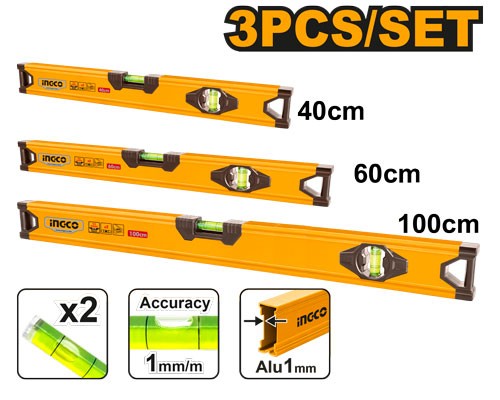 Set Di 4 Livelle Professionali In Alluminio - 60+80+120+200 Cm, Con Magnete, 3 Livelle (Verticale, Orizzontale, Inclinazione) E 2 Manici
