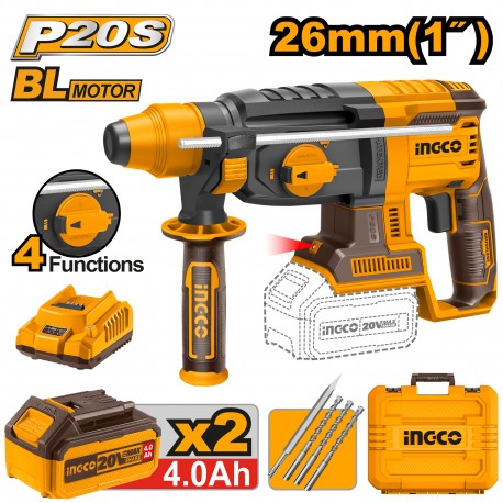 MARTELLO DEMOLITORE 20V BRUSHLESS CON 2 BATTERIE, CARICABATTERIA, 3 PUNTE E 1 SCALPELLO