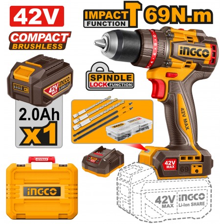 TRAPANO A PERCUSSIONE BRUSHLESS 42V CON BATTERIE E VALIGETTA