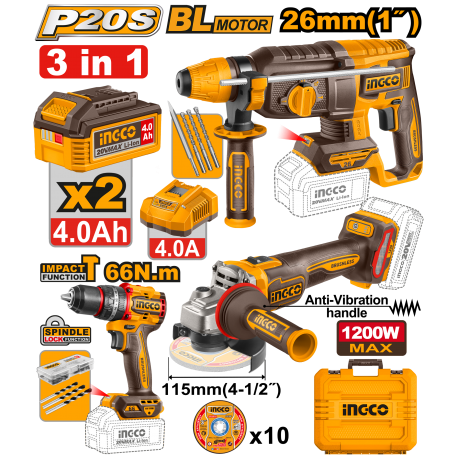 KIT TRAPANO COMPACT BRUSHLESS CIDLI206681 + SMERIGLIATRICE ANGOLARE CAGLI212025E + TRAPANO PERFORATORE CRHLI26208